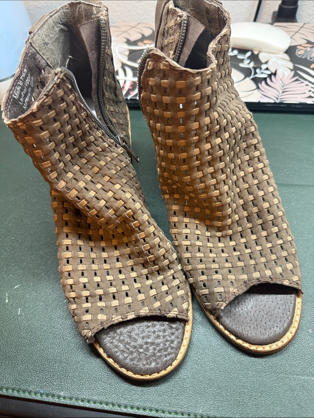 Woven Peep-Toe Ankle Booties - Brown